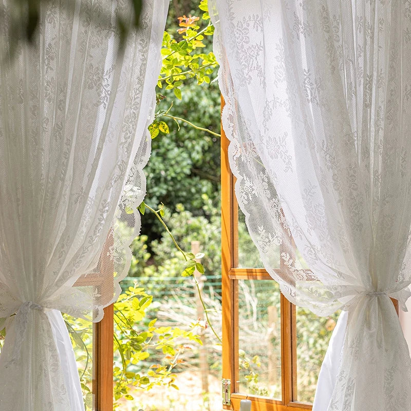 rideau tulle broderie florale blanc transparent classique ruban fixation chambre salonhôtel