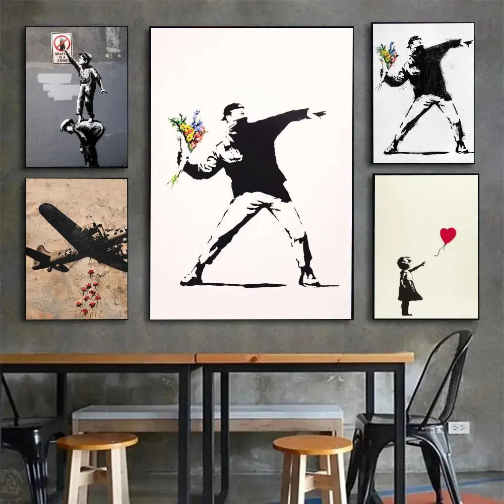 affiche art contemporaine street banksy graphique abstraite noire blanche verte murale salon decoration