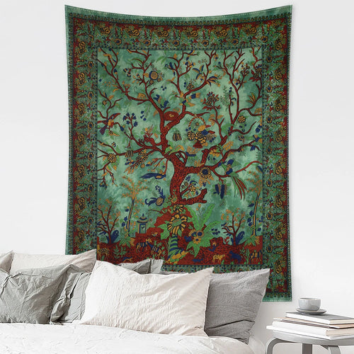 tapisserie murale rétro arbres oiseaux fleurs verte rouge bleue artisanale salon décoration maison