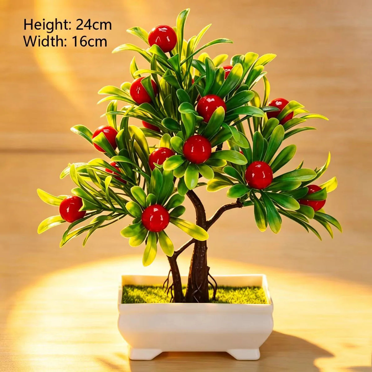 décoration intérieure arbre artificiel bonsaï pot blanc feuilles vertes fruits rouges tronc brun