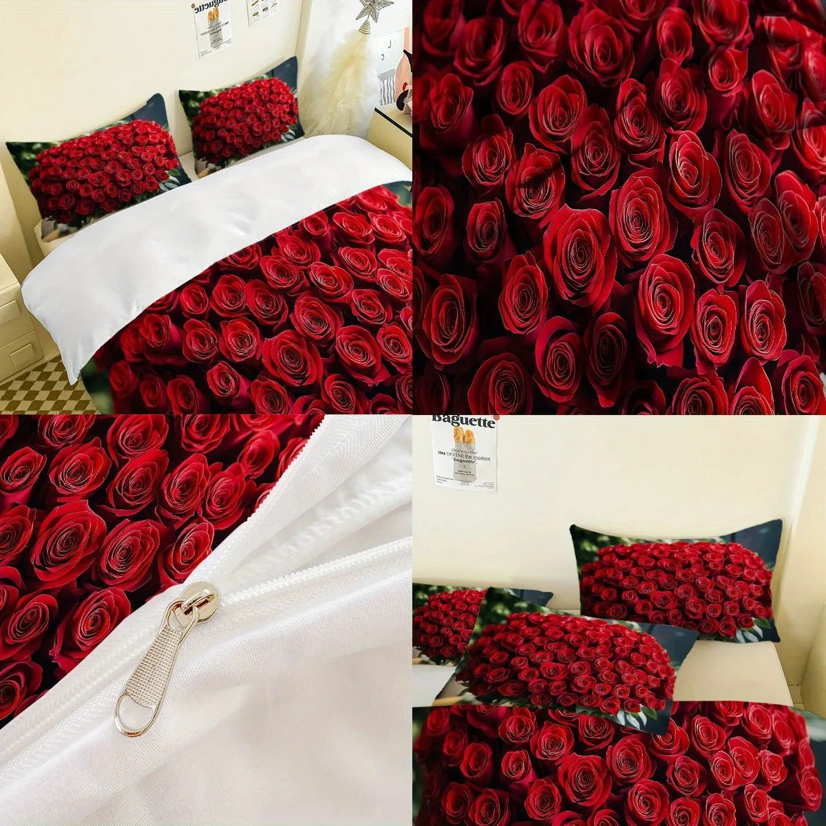 housse couette imprimée roses rouges moderne 3d taies d'oreiller polyester brossé double queen size