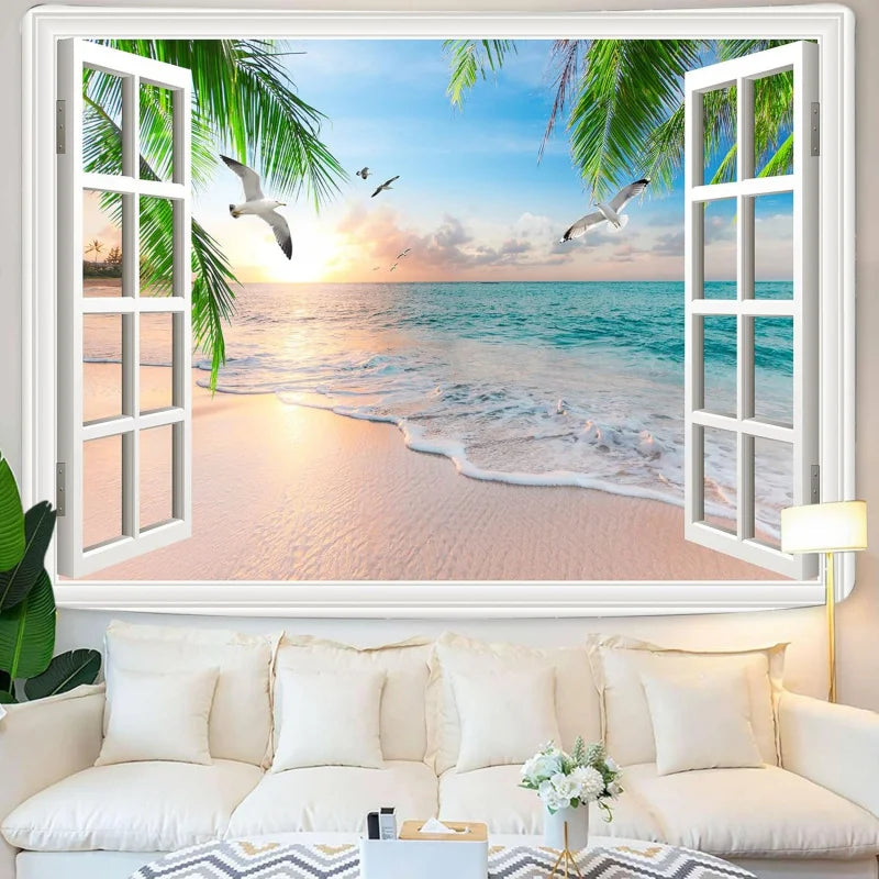 poster mural paysage marin plage palmiers couchersoleil adhésif lavablepolyester blanc vert bleu beige doré
