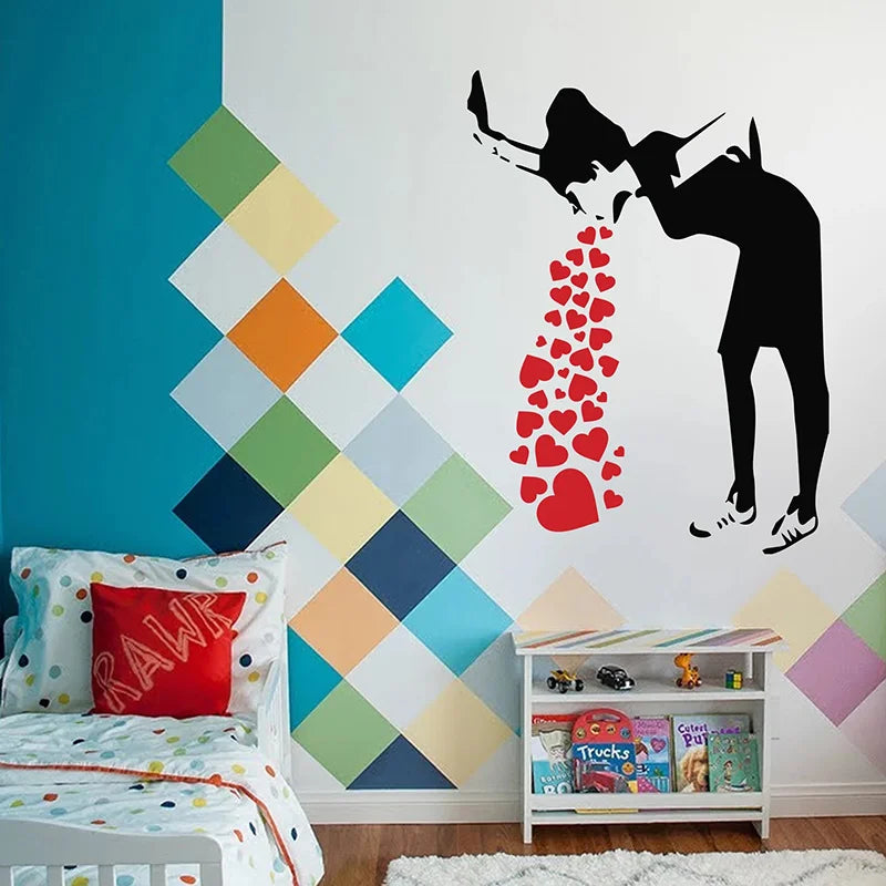 sticker mural moderne silhouette personne téléphone coeurs rouges noir autocollant vinyle waterproof removable