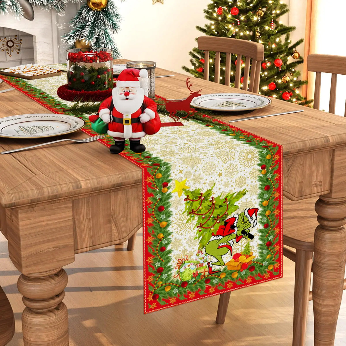 chemin table noël lin blanc motifs flocons neige guirlande sapin décoration table hiver