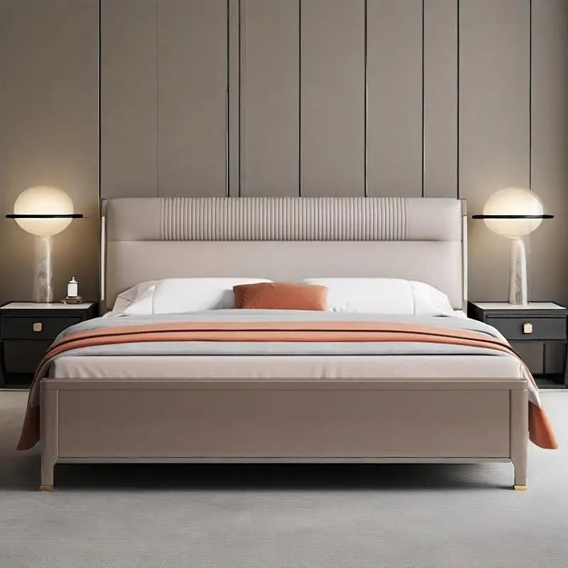 lit moderne bois beige gris orange tissu plissé oreiller couverture draps tapis