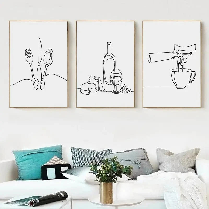 affiche toile minimaliste noir blanc lignes abstraites décoration murale moderne cuisine restaurant appartement