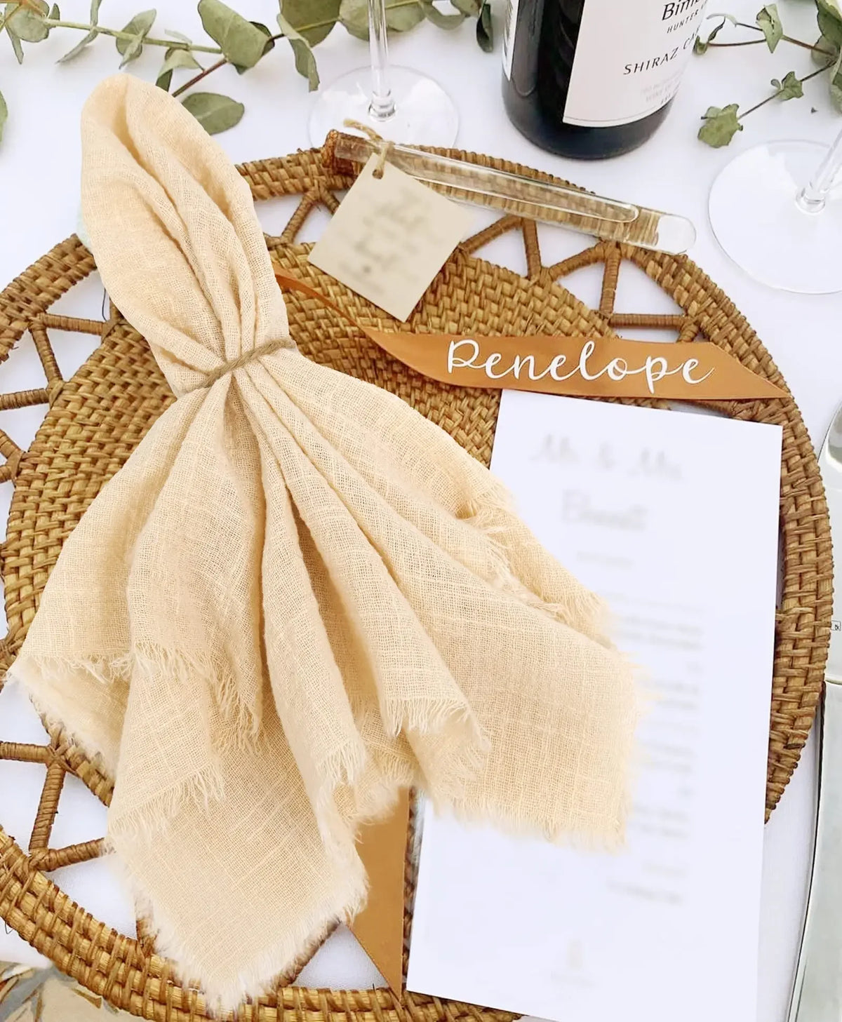 lot dix serviettes table coton beige clair franges rustiques mariage décoration chic maison