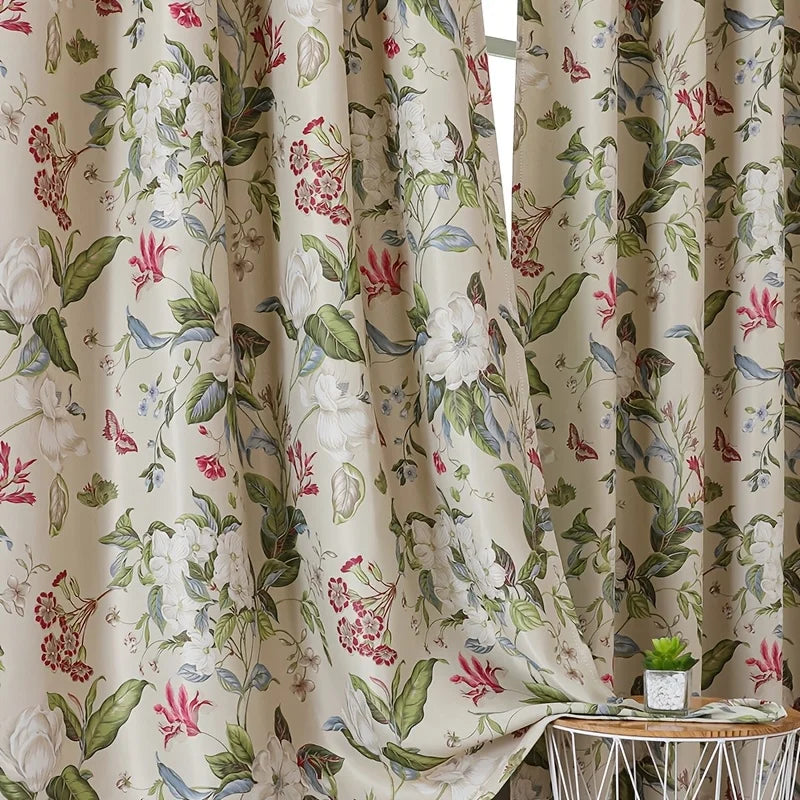 rideau pastoral fleurs papillons beige vert rouge opacité anti poussière réduction bruit fenêtre française