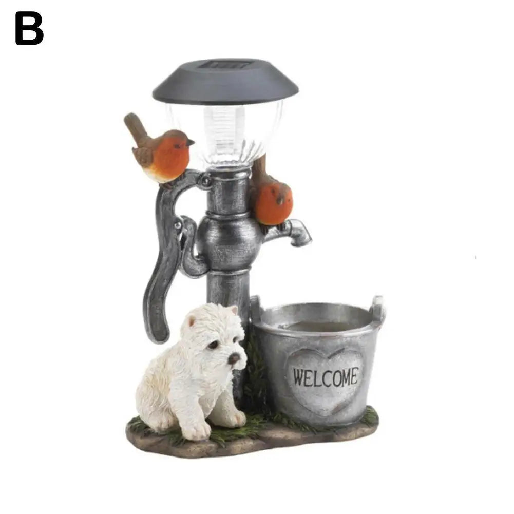 lampes solaires décoratives extérieures figurines animales feuilles fleurs mousse champêtre rustique animalier