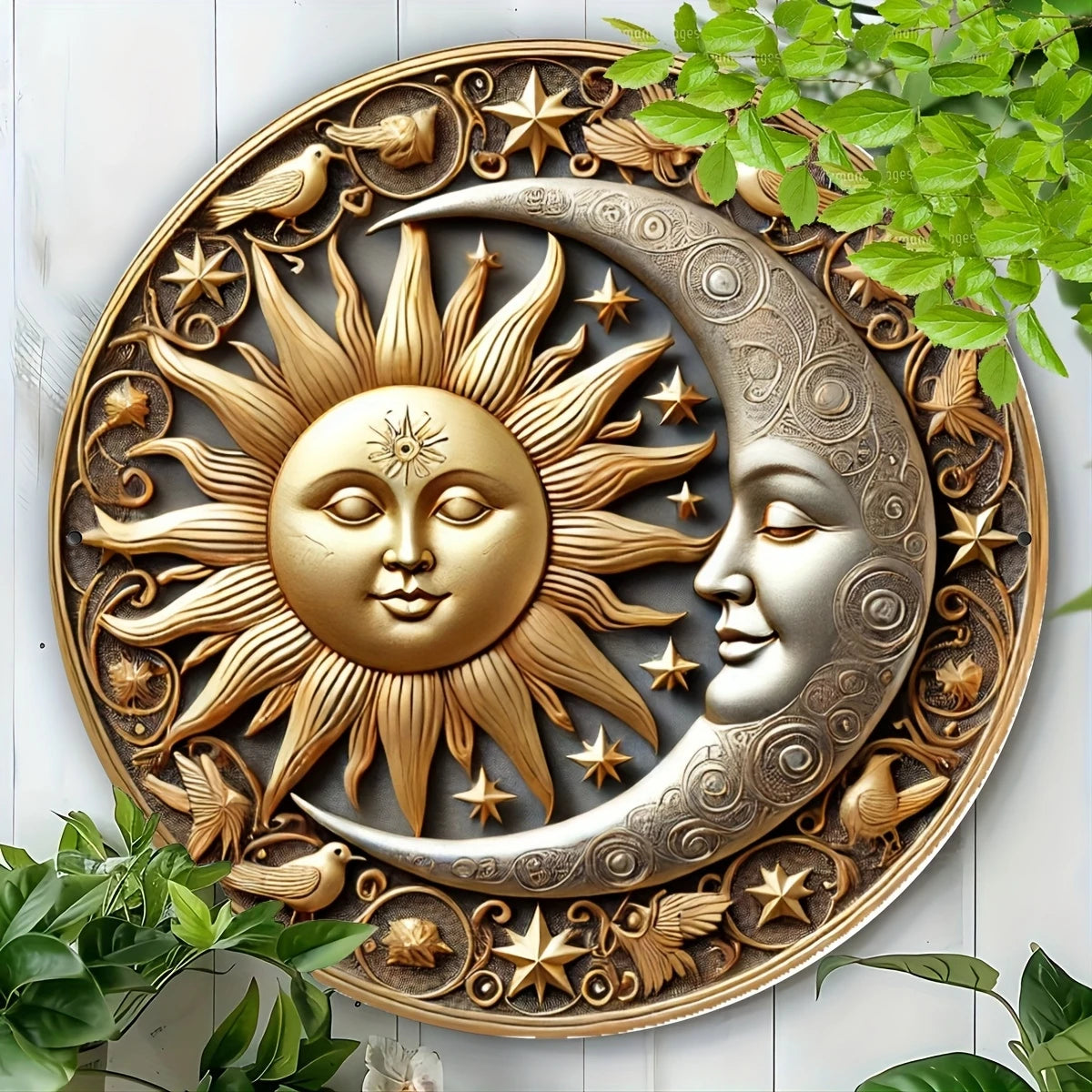 décoration murale bois soleil lune fleurs oiseaux étoiles or argent bleu rouge Jaune Blanc