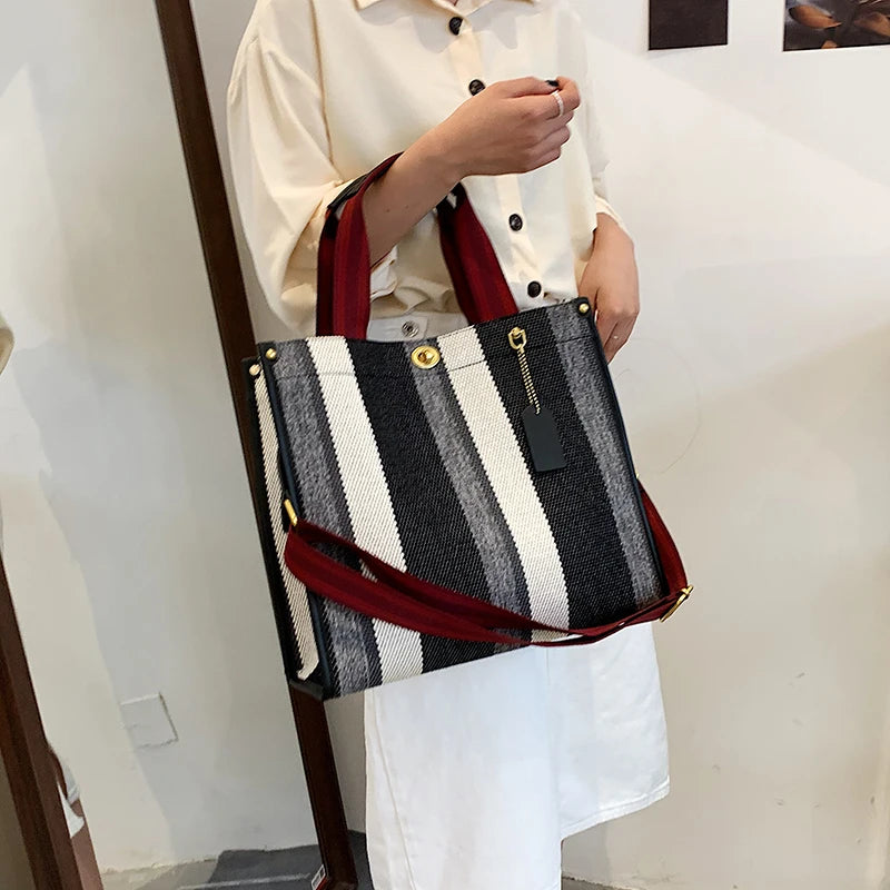 sac main femme toile polyvalent rayé poches intérieures appliques décontracté moderne casual