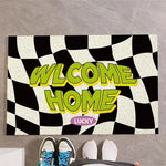 tapis d'entrée moderne carreaux noir blanc bienvenue vert lucky roseextérieur résistant