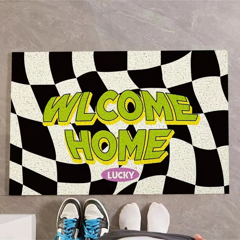 tapis d'entrée moderne carreaux noir blanc bienvenue vert lucky roseextérieur résistant