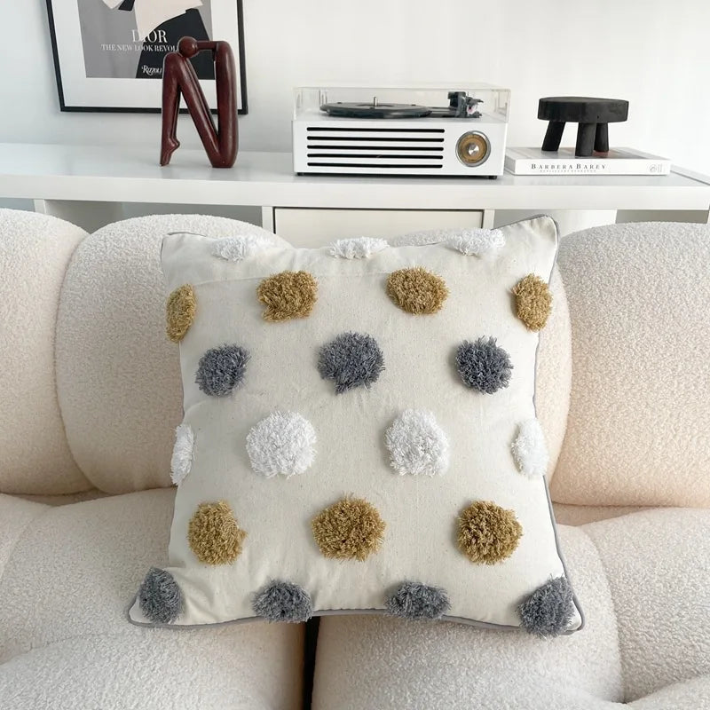 taies d'oreiller bohèmes géométriques texturées coussins décoratifs modernes pompons beige gris doré blanc