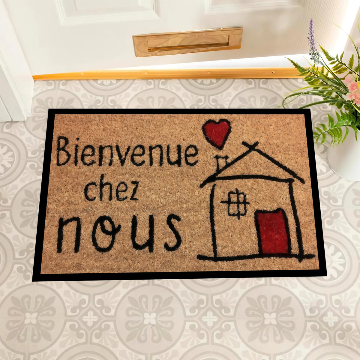 tapis d'entrée antiderapant caoutchouc marron clair noir rouge bienvenue maison cœur résistant corrosion
