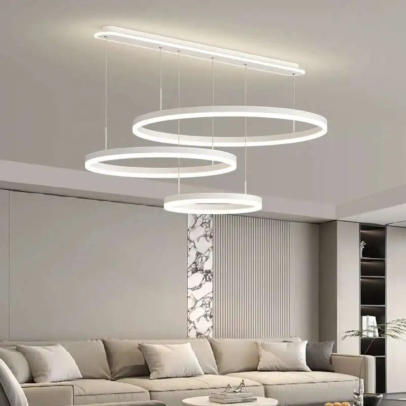 anneaux suspension lumineuse moderne minimaliste led salon noir blanc contemporain