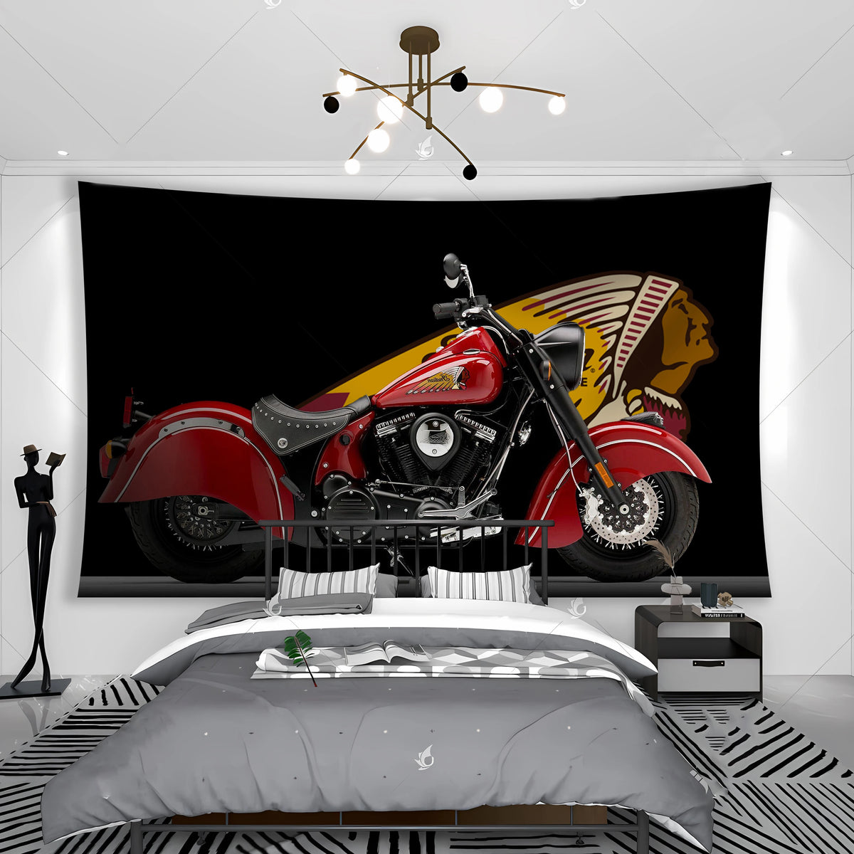 tapisserie imprimée moto indian motorcycle ftr rouge jaune bleu moderne 90x150cm