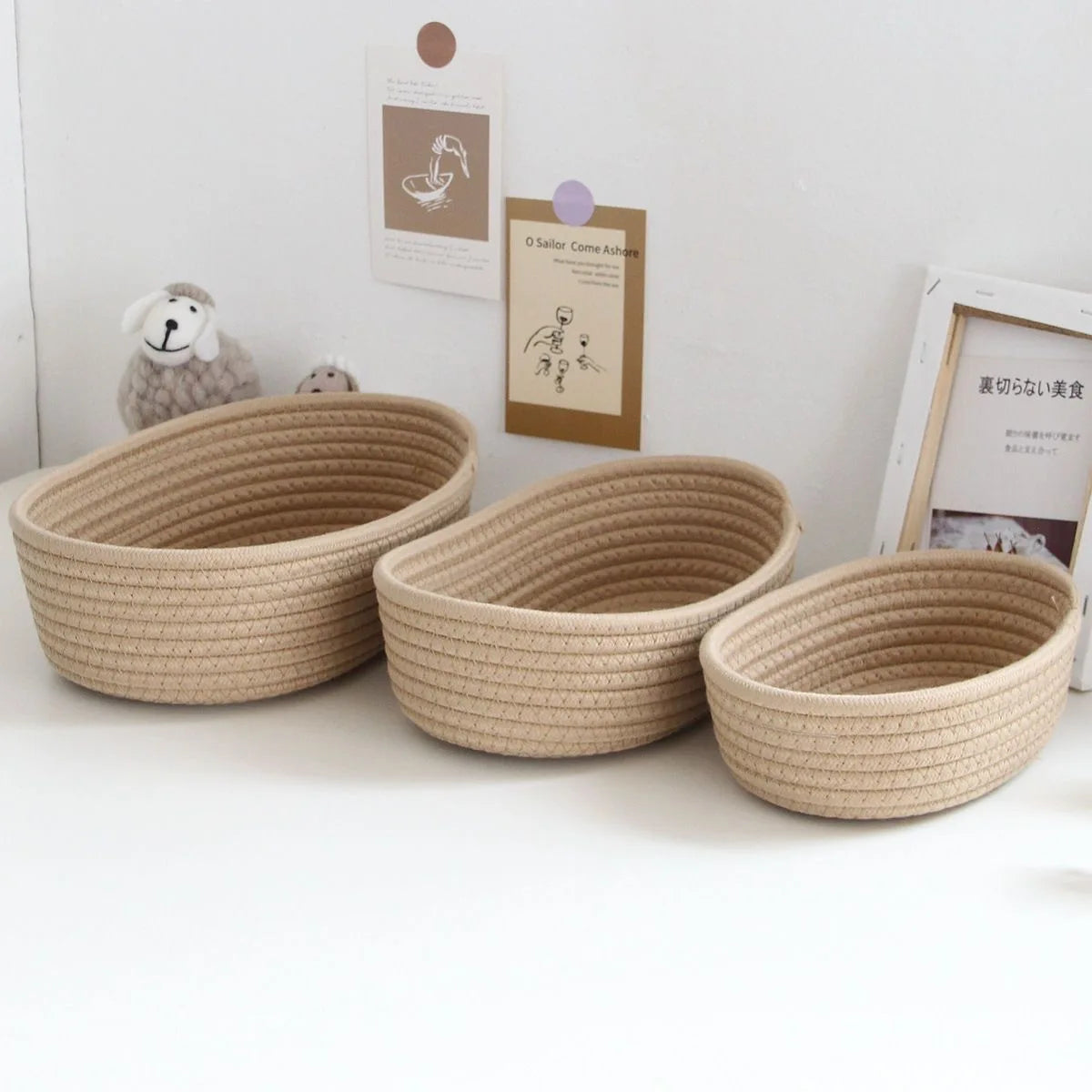 boîtes rangement coton tressé ovales multi usages modernes 23x13x7cm 26x16x8cm 30x17x9cm beige gris blanc