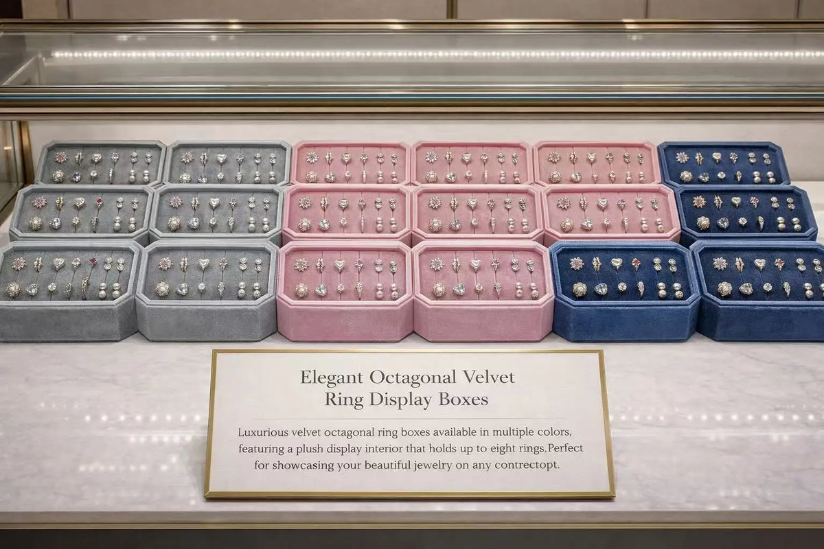boîtes bijoux velours gris rose bleu moderne élégantes miroir rangement bagues présentation vitrine