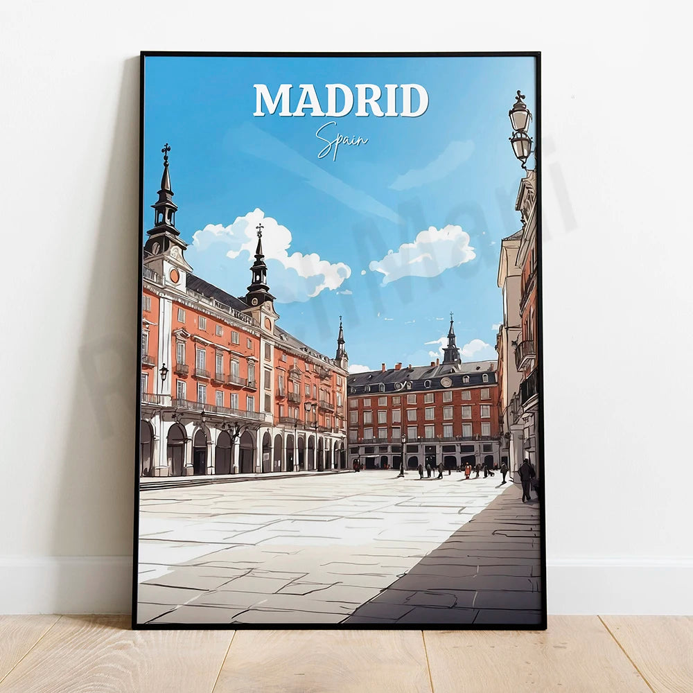 L'image représente une place célèbre de Madrid, en Espagne, avec ses bâtiments historiques et son ambiance caractéristique.