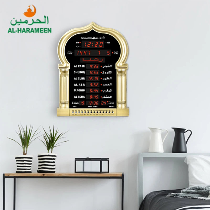 horloge numérique or islamique arche décorative motifs géométriques fixations murales affichage calendrier perpétuel alarme