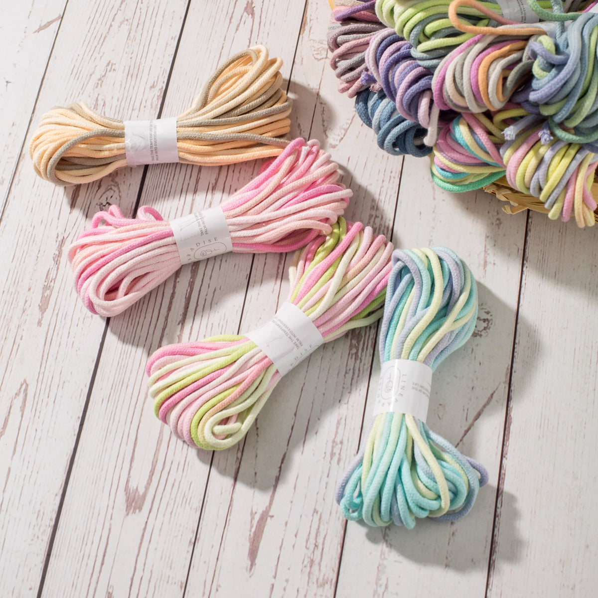 cordelette coton 3mm rayures rose blanc bleu clair verte haute ténacité écologique texturée étiquette