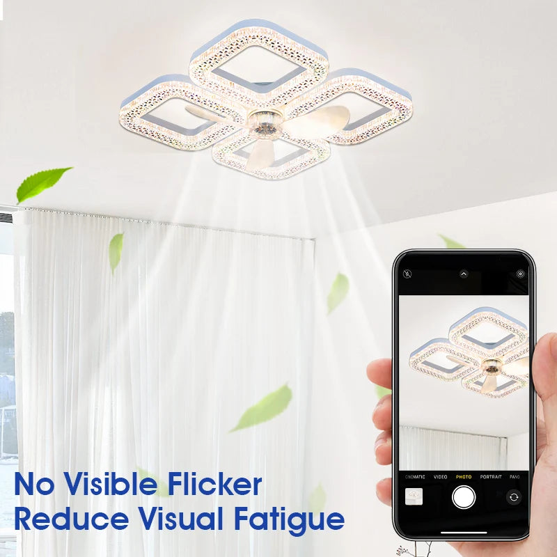 ventilateur plafonnier moderne blanc strass télécommande led vitesses minuterie lumières
