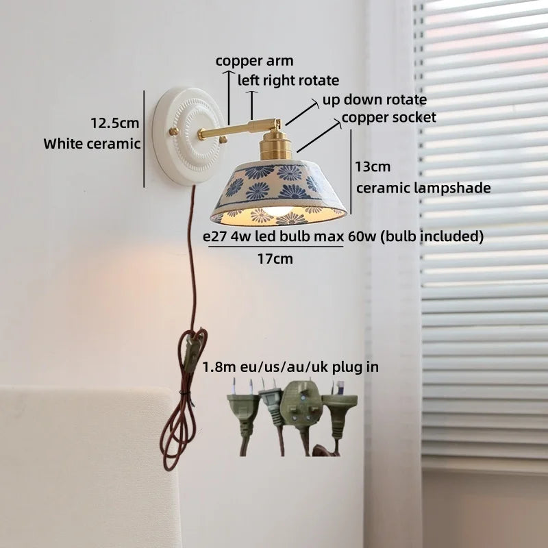 lampe murale fleurs bleues blanc doré LED classique vis fixation 4W max 60W