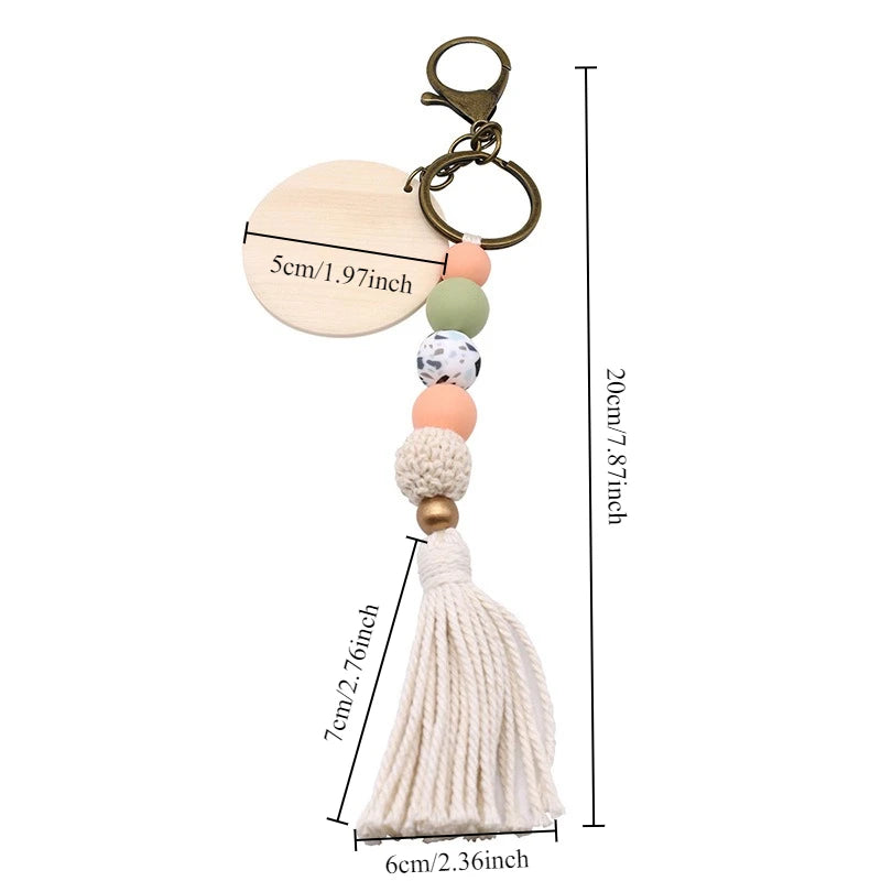 porte clés boho chic rondes frange bois blanc gris beige marronclair