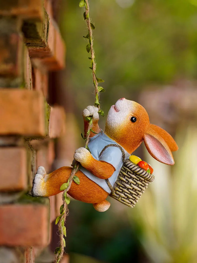 figurine lapin résine orange blanc peluche panier pommes décoration intérieure extérieure balcon jardin