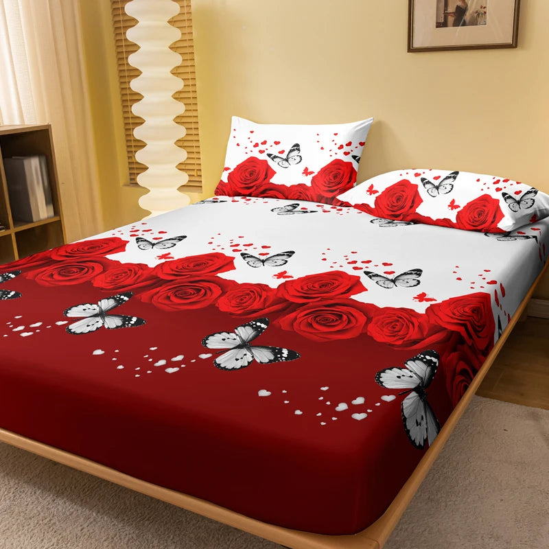 lit drap floral papillons roses rouges blancs coeurs romantiquesetSize 138x190cm 153x203cm