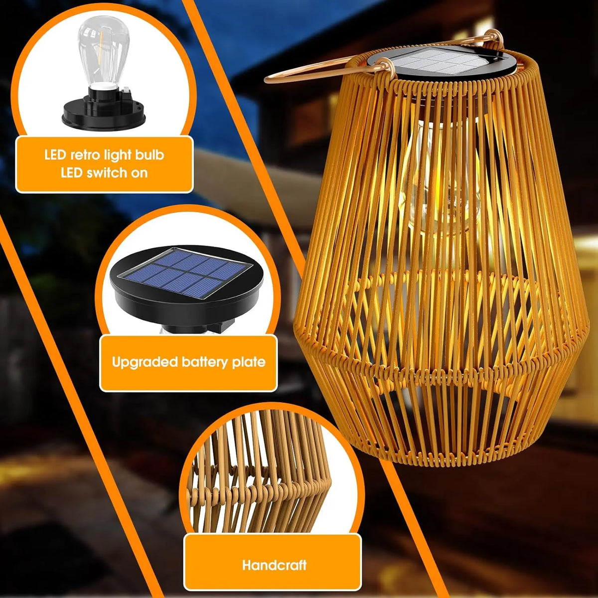 lanterne solaire marron tissage bambou artisanal extérieur jardin led rechargeable