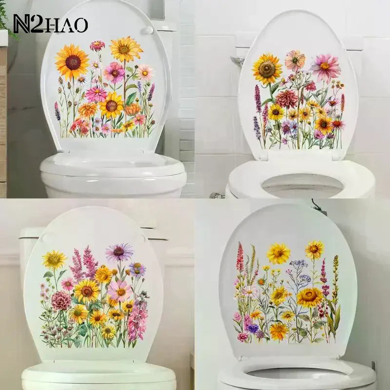 sticker mural décoration toilette fleurs tournesols papillons moderne pvc multicolore illustration réaliste
