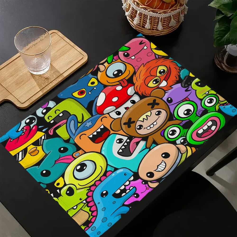 tapis table dessins animés multicolores pingouins monstres gâteaux chauves souris capybaras lin respectueux environnement