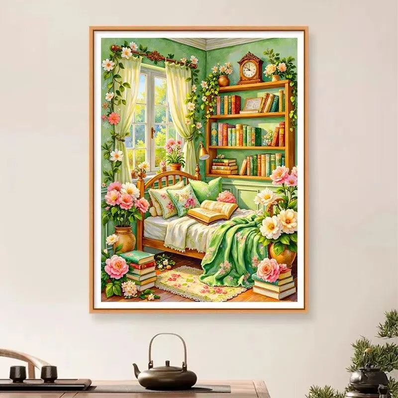 kit broderie point croix chambre lit fenetre bibliothèque livres couleurs vert rose jaune orange