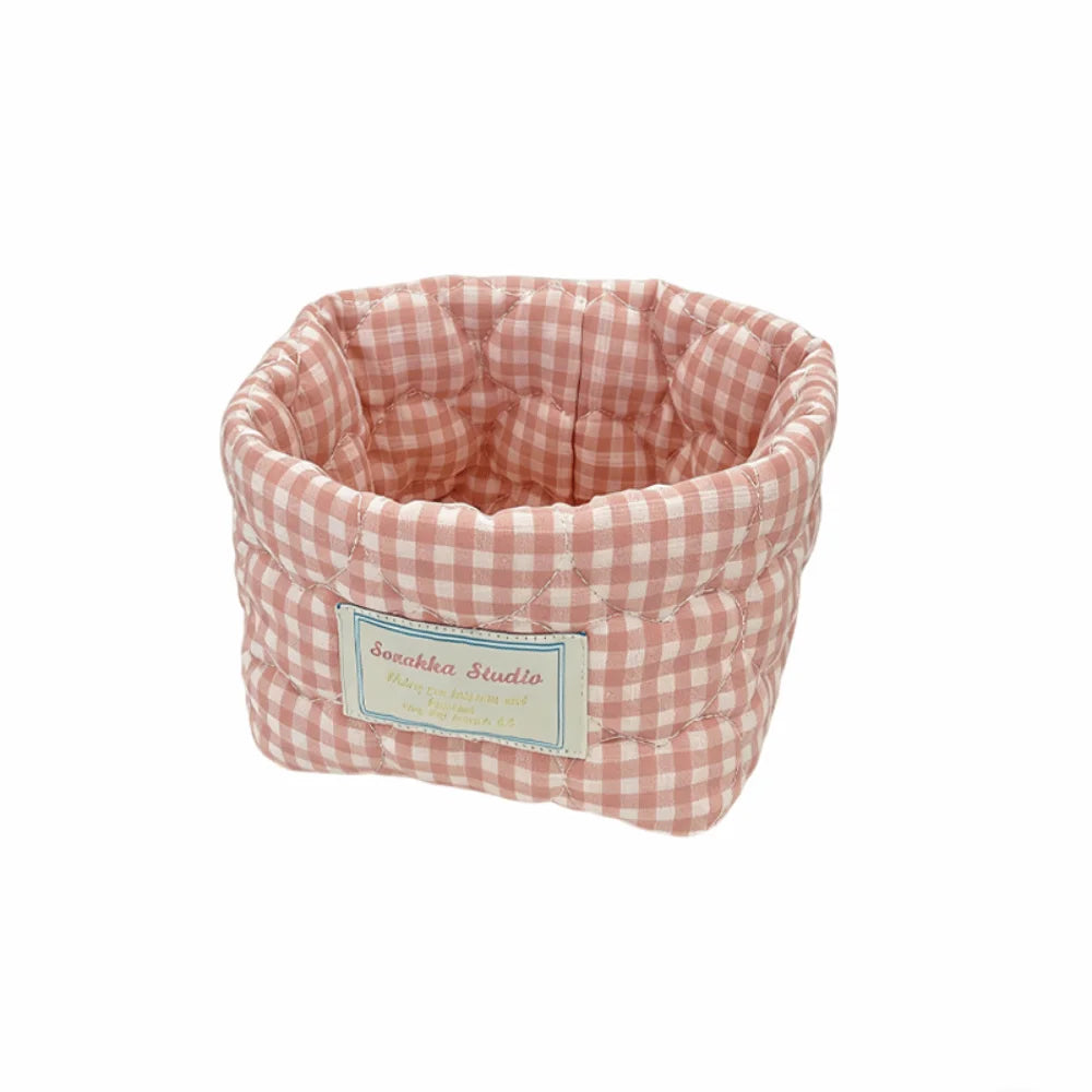 panier rangement tissu carreaux rose bleu vert jaune vintage réutilisable multiple doux ménage