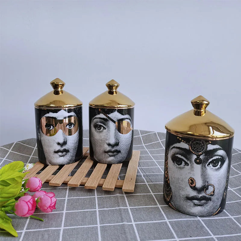 boîtes bougies parfumées art déco moderne vintage illustrations visages géométriques 350ml