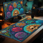 tapis jeu cartes artiste vitrail crâne fleurs feuilles symboles bleu vert orange rose noir