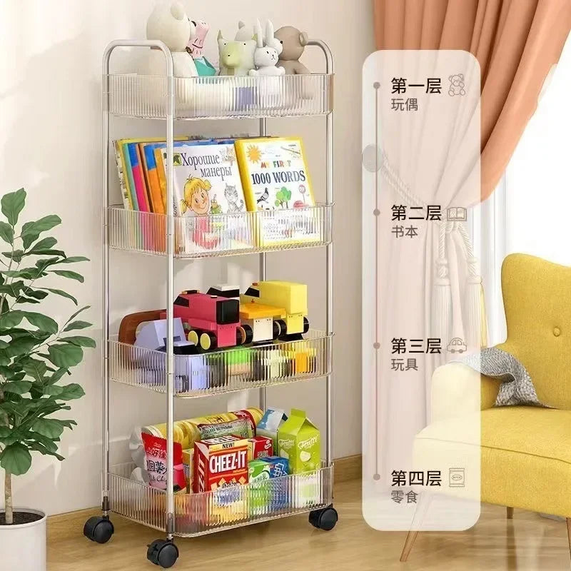 chariot roulettes transparent moderne filetage niveaux boîtes divers biscuits thé cosmétiques jouets
