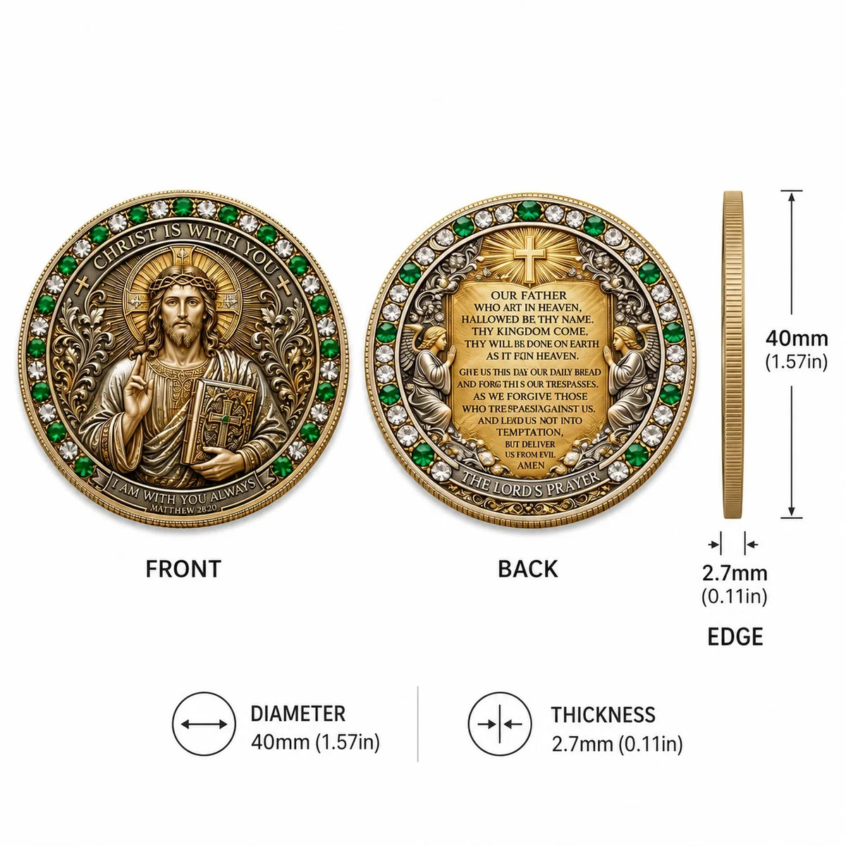 médaille commémorative or ange croix motifs floraux prière père notre boîte rangement carte présentation