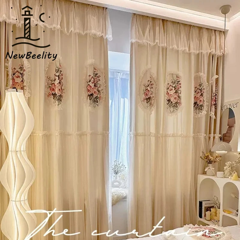rideau fleuri beige dentelé élégant maison opalin simple moderne