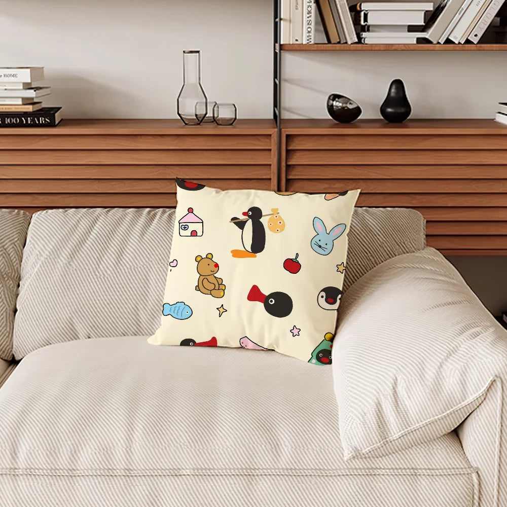 housse coussin carré beige motif pingouin cartoon décoratif salon chambre enfant tissu coton