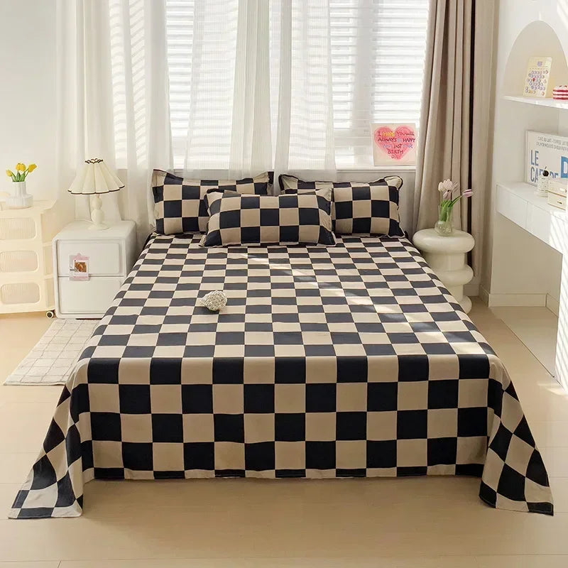 ensemble literie carreaux noir beige tissu mat moderne minimaliste drap housse taies oreillers couette