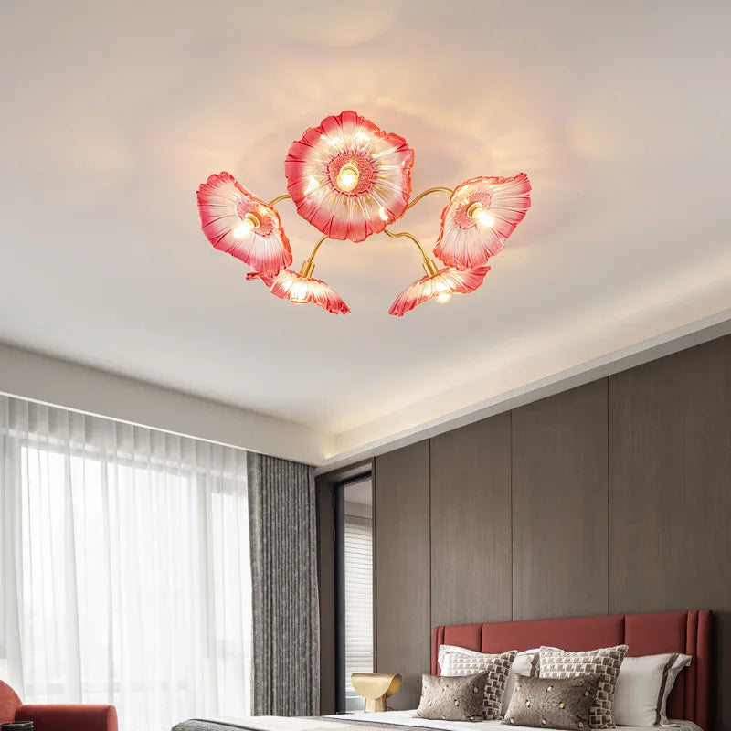 lustre moderne or rouge blanc feuilles florales translucides chambre salon