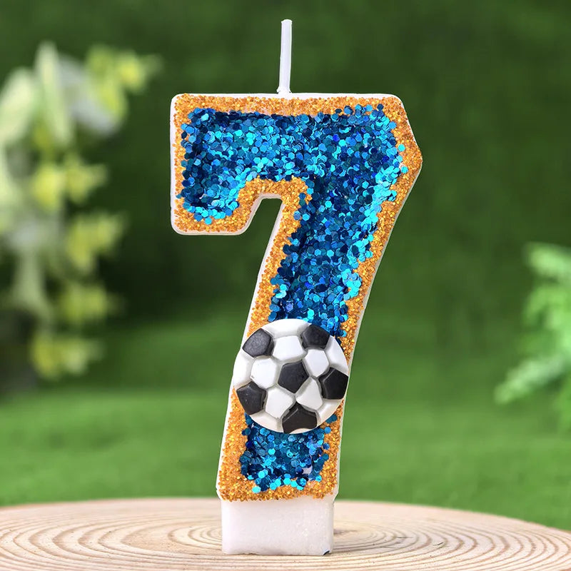 bougies numéraires pailletées thème football anniversaire bleu doré blanc