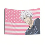 tapisserie anime gojo satoru étoiles blanches fond rose drapeau mural décoration chambre rose blanc