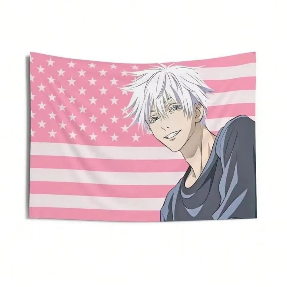 tapisserie anime gojo satoru étoiles blanches fond rose drapeau mural décoration chambre rose blanc