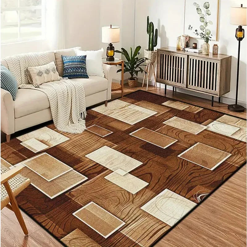 tapis rectangulaire moderne carreaux géométriques marron beige noir salon intérieur extérieur décoration maison luxe