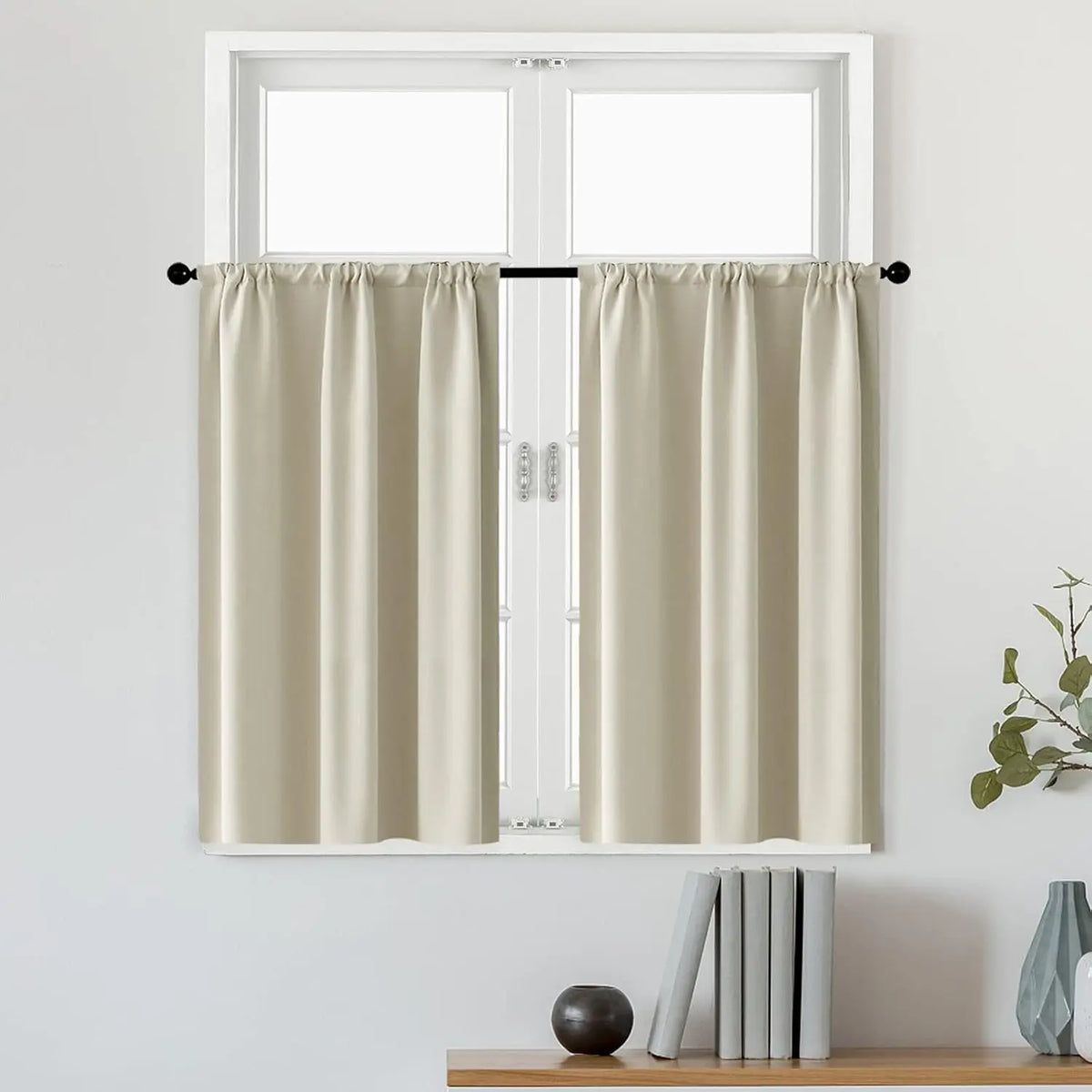 rideau moderne polyester uni beige clair opacité anneaux noirs lot grande taille cuisine