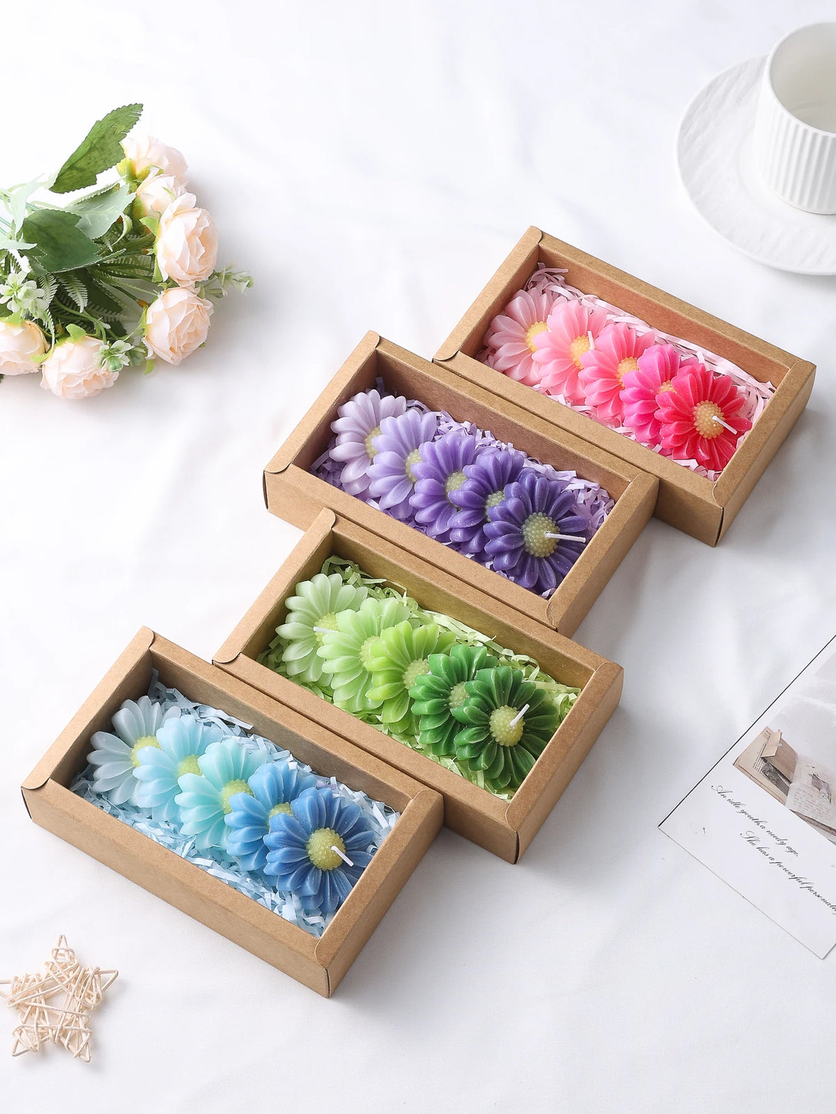 bouquet artificiel fleurs colorées violet vert bleu rose papier emballage moderne decoration maison relaxation